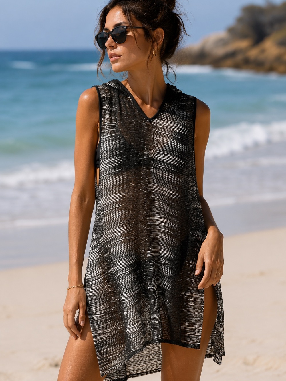 Black White Hooded Open Weave Swim Cover Up Tunic Beach Resort Boho‎ OS
